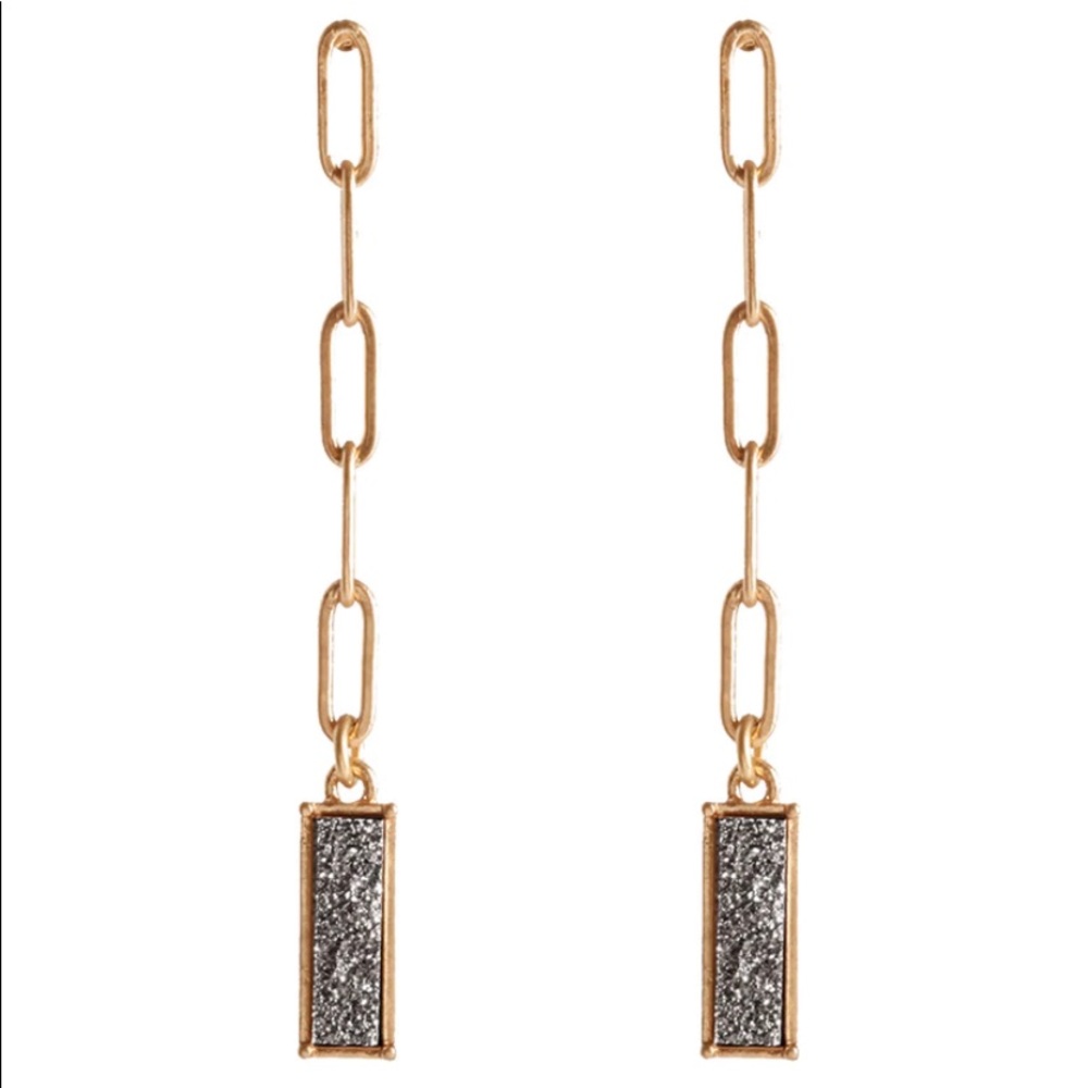 HEMATITE DRUZY & GOLD METAL CHAIN LINK 2.5” DANGLE POST EARRINGS